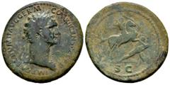 Roman Imperial Domitian. Sestertius. 86 d.C. Rome. (Ric-II 1.470). Anv.: IMP CAES DOMIT AVG GERM COS XII CENS PER P P, laureate head to right, aegis on left shoulder. Rev.: Domitian on horseback reari