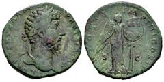 Roman Imperial Lucius Verus. Sestertius. 166 d.C. Rome. (Ric-1456). (Bmcre-1308). (C-206). Anv.: L VERVS AVG ARM PARTH MAX, laureate head to right. Rev.: TR POT VI IMP IIII COS II, Victory standing fa