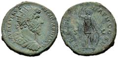 Roman Imperial Lucius Verus. Dupondius. 164 d.C. Rome. (Ric-III 1388). Anv.: L AVREL VERVS AVG ARMENIACVS. Radiate and cuirassed bust right. Rev.: TR P III IMP II COS II. Mars standing right, holding 