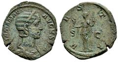 Roman Imperial Julia Mamaea. Sestertius. 222-235 d.C. Rome. (Ric-IV 708). (Bmcre-389). (C-311). Anv.: IVLIA MAMAEA AVGVSTA, diademed and draped bust to right. Rev.: VESTA, Vesta, veiled, standing to l