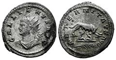 Roman Imperial Gallienus. Antoninianus. 364-365 d.C. Antioch. (Mir-1628b var). (Ric-628 var.). Anv.: GALLIENVS AVG Radiate, draped and cuirassed bust to left. Rev.: AETERNITAS AVG She-wolf standing ri