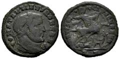 Roman Imperial Constantinus I. Nummus. 306-307 d.C. Ticinum. (Ric-82). Rev.: VIRTVS AVGG ET CAESS NNM. Constantine on horseback galloping to right, holding round shield and casting spear at enemy pron
