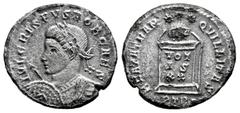 Roman Imperial Crispus. Nummus. 322 d.C. Trier. (Ric-347). Rev.: BEATA TRANQVILLITAS. Globe set on altar inscribed VOTIS XX in three lines; three stars above, STR• in exergue. Bi. 2,79 g. Heavy rusts 