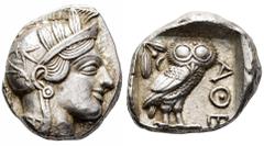 Greek Coins Attica. Tetradracma. 449-413 a.C. Atenas. (Gc-2526). Anv.: Cabeza de Atenea con casco a derecha. Rev.: Lechuza a derecha, mirando de frente con rama de olivo y creciente, delante AOE. Ag. 