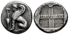 Greek Coins Ionia. Tetradracma. 380-350 a.C. Chios. (Cf. GPCG-pl. 19,39). Anv.: Esfinge sedente a la izquierda; a la izquierda racimo de uvas sobre ánfora. Rev.: Cuadrado incuso cuadripartito, con cua
