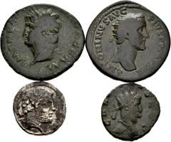 Large Lots Lote de 4 monedas diferentes de Mundo Antiguo; denario de Bolskan, as de Nerón, dupondio de Antonino Pío y antoniniano de Galieno. A EXAMINAR. BC+/MBC. Est...150,00.