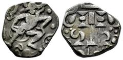India India. Bhoja I (Prabhasa/Adivarha/Mihira). Drachm. 836-885. Post-Gupta (Pratiharas). (Deyell-8). Anv.: Boar-headed Varaha jumping right out of the cosmic ocean; to left, trident; to right differ