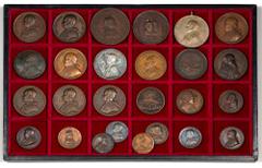 Large Lots Lot of 26 papal medals, some are reproductions; Eugene III, Julius III Holy Year 1555, Urban VII 1590, Alexander VII 1660, Clement X 1676, Innocent X 1647, Gregory XVI 1847, Gregory XVI 185