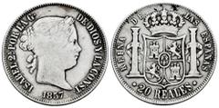 Elizabeth II of Spain (1833-1868) Elizabeth II (1833-1868). 20 reales. 1857. Barcelona. (Cal-572). Ag. 25,61 g. Muy rara. Ex Áureo&Calicó, (11/12/2014), lot 731. Almost VF. Est...450,00. Spanish Descr