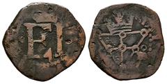 Philip IV (1621-1665). 4 cornados. Pamplona. (Cal-72 var.). (Ros-4.5.24 var.). Anv.: F I flanked by pellets?. Rev.: Crowned triangular arms of Navarre flanked by two P-P surmounted by roundels. Ae. 3,
