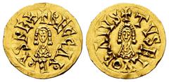 Recaredus I (586-601) Recaredus I (586-601). Tremissis. Elvora (Lusitania). (Cnv-102.1). (R. Pliego-112a). Anv.: +RECCAREdVSRE+. Rev.: +TVSELVORAIVS. Au. 1,50 g. Very scarce. Ex Áureo&Calicó (28/10/20