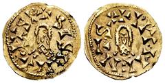 Sisenandus (631-636) Sisenandus (631-636). Tremissis. Mentesa (La Guardia). (Cnv-No cita). (R. Pliego-445g, plate coin). Anv.: +SISENA⠉dVSR. Rev.: +PIV⠰MENT⠒SA. Au. 1,19 g. Very rare. Rust on obverse.