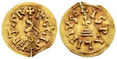 Recesvintus (649-672) Recesvintus (649-672). Tremissis. Ispali (Sevilla). (Cnv-449 var). (R. Pliego-592b). Anv.: +R•CCIS/V/(NT nexated)•SR•. Rev.: +ISPALIPIVS✹. Au. 1,53 g. Bend and flan crack. Extrem
