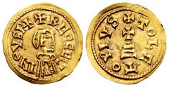 Recesvintus (649-672) Recesvintus (649-672). Tremissis. Toleto (Toledo). (Cnv-454 var). (R. Pliego-580b). Anv.: +RECCES/V/IN⊝VSP+. Rev.: +TOLETOPIVS. Au. 1,42 g. Variant by markings on the tiers. Rare