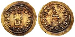 Witiza (698-710) Witiza (698-710). Tremissis. Córdoba. (Cnv-593). (R. Pliego-777a). Anv.: +IDINMNEVVITTIZAP+. Rev.: +CORDOBAPATRICIA. Three pellets under the podium. Au. 1,28 g. Gorgeous colour. Thin 