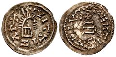 Witiza (698-710) Witiza (698-710). Tremissis. Mentesa (La Guardia). (Cnv-605). (R. Pliego-769a). Anv.: +VVITTI(inverted letter Z)AP+. Rev.: +MEИTESAPIVS. Au. 0,93 g. Patina. Very rare. Choice VF. Est.