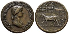 Roman Imperial Agrippina I. Sestertius. 37-41 AD. Rome. (Ric-I 55). (Bmcre-81/85). Anv.: AGRIPPINA M F MAT C CAESARIS AVGVSTI, draped bust to right. Rev.: Carpentum, with ornamented side and cover sup