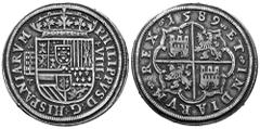 Philip II (1556-1598) Philip II (1556-1598). 8 reales. 1589. Segovia. (Cal-702). (Jarabo-Sanahuja-A434, plate coin). Ag. 26,67 g. Aqueduct with 4 rows of 2 arches. Frame decorated with pomegranates on