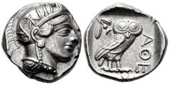 Greek Coins Attica. Athens. Tetradrachm. 454-404 BC. (Gc-2526). (Sng Cop-31). (Kroll-8). Anv.: Head of Athena right, wearing crested Attic helmet ornamented with three olive leaves above visor and spi