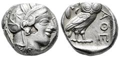 Greek Coins Attica. Athens. Tetradrachm. 454-404 a.C. (Gc-2526). (Sng Cop-31). Anv.: Head of Athena right, wearing crested Attic helmet ornamented with three olive leaves above visor and spiral palmet