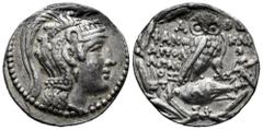 Greek Coins Attica. Athens. New Style Tetradrachm. 165-42 a.C. Phanokles, Apollonios and Hieron, magistrates. (Thompson-706a). Anv.: Head of Athena Parthenos to right, wearing triple-crested Attic hel