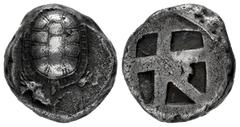 Greek Coins Attica Islands. Aegina. Stater. 456/45-431 BC. (Sng Cop-517). (Jameson-1200). (Hgc-6, 437). Anv.: Land tortoise with segmented shell. Rev.: Large square incuse with heavy skew pattern. Ag.