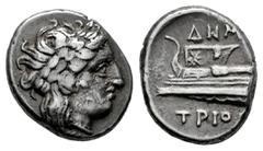 Greek Coins Bithynia. Kios. Trihemiobol. 345-315 a.C. Demetrios Magistrate. (Hgc-7,554). Anv.: Laureate head of Apollo right. Rev.: Prow of galley left; ΔHM above, TPIO(Σ) below. Ag. 2,73 g. Choice VF