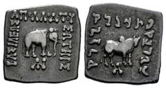 Greek Coins Kings of Bactria. Apollodotos I Soter. Drachm. 174-160 a.C. (Bopearachchi-4A). (SNG Ans-337/43). Anv.: ΒΑΣΙΛΕΩΣ ΑΠΟΛΛΟΔΟΤΟΥ ΣΩΤΗΡΟΣ, elephant to right, monogram in exergue. Rev.: Kharosthi