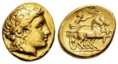 Greek Coins Macedon. Philip II. Stater. 340/336-328 BC. Pella. (Le Rider-3). (Sng Ans-157-159). Anv.: Laureate head of Apollo to right. Rev.: ΦΙΛΙΠΠΟΥ, charioteer driving biga right, reins in left han