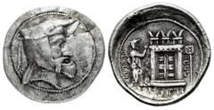 Greek Coins Kings of Persis. Oborzos (Vabharz). Tetradrachm. Early 3rd century BC. Istakhr (Persepolis). (Alram-526). (Sunrise-566). Anv.: Head of Oborzos to right, wearing kyrbasia, diadem and earrin