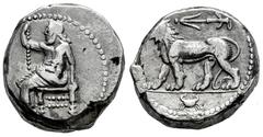 Greek Coins Seleukid Kings of Syria. Seleukos I Nikator. Tetradrachm. 311-305 a.C. Babylon. (SC-88.4). (ESM-268). (SNG Spaer-90). Anv.: Baal seated left, holding sceptre in right hand. Rev.: Lion walk