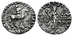 Greek Coins Indo-Skythians. Azes I. Drachm. 58-12 BC. Taxila. (Senior-98.442/3). Anv.: BAΣIΛEΩΣ BAΣIΛEΩN MEΓAΛOY AZOY Azes on horseback right, holding whip and spear. Rev.: Athena standing right, rais