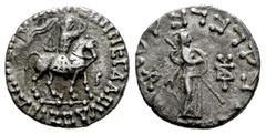 Greek Coins Indo-Skythians. Azes I. Drachm. 58-12 a.C. (Senior-98.147D). (Hgc-12,649). Anv.: Azes on horseback to right, wearing cataphractus and holding whip aloft; Karosthi letter before horse. Rev.