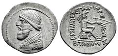 Greek Coins Kingdom of Parthia. Mithradates II. Drachm. 120-109 a.C. Ekbatana. (Sellwood-24.10). (Shore-70). Anv.: Diademed bust to left. Rev.: BAΣIΛEΩΣ MEΓAΛOV APΣAKOV ΕΠIΦANOVΣ, archer (Arsakes I) s