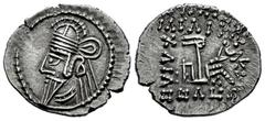 Greek Coins Kingdom of Parthia. Osroes II. Drachm. 190-208 d.C. Ekbatana. (Sellwood-85.3). (Shore-439). Anv.: Bust to left, wearing tiara. Rev.: Archer (Arsakes I) seated to right on throne, holding b