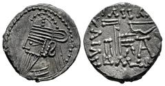 Greek Coins Kingdom of Parthia. Osroes II. Drachm. 190-208 d.C. Ekbatana. (Sellwood-85.3). (Shore-439). Anv.: Bust to left, wearing tiara. Rev.: Archer (Arsakes I) seated to right on throne, holding b