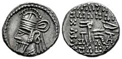 Greek Coins Kingdom of Parthia. Osroes II. Drachm. 190-208 d.C. Ekbatana. (Sellwood-85.3). (Shore-439). Anv.: Bust to left, wearing tiara. Rev.: Archer (Arsakes I) seated to right on throne, holding b