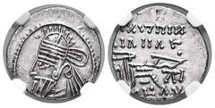 Greek Coins Kingdom of Parthia. Osroes II. Drachm. 190-208 d.C. (Gc-5866). (Sellwood-85.3). Anv.: Bust to left, wearing tiara. Rev.: Archer seated to right on throne, holding bow, monogram below. Ag. 