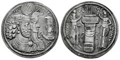 Greek Coins Sassanid Empire. Bahram II, with Queen and Prince 4. Drachm. 276-293 d.C. Mint I ("Ctesiphon"). Style A. (Sunrise-789). (SNS-II Type VIIa(1)/5a(1a)). Anv.: Jugate busts of Vahrām (Bahram),