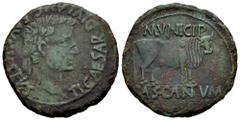 Celtiberian Coins Cascantum. Time of Tiberius. Unit. 14-36 a.C. Cascante (Navarra). (Abh-690). (Acip-3159). Anv.: TI. CAESAR. DIVI. AVG. F. AVGVSTVS. Laureate head of Tiberius right. Rev.: Bull right,