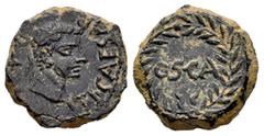Celtiberian Coins Osca. Time of Tiberius. Cuadrante. 14-36 d.C. Huesca. (Abh-No cita). (Acip-3221). Anv.: TI CAESAR P M. Laureate head right. Rev.: OSCA within wreath. Ae. 3,23 g. Rare, even more in t
