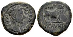 Celtiberian Coins Erkauika- Ercavica. Augustus period. Half unit. 27 BC - 14 AD. Cañaveradas (Cuenca). (Abh-1281). (Acip-3188). Anv.: AVGVSTVS. DIVI. F. Head of Augustus right. Rev.: Bull right, MVN a
