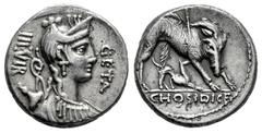Roman Republican Hosidius. C. Hosidius C.f. Geta. Denarius. 68 BC. South of Italy. (Ffc-748). (Craw-407/2). (Cal-618). Anv.: Diademed head of Diana draped right, bow and quiver at her shoulder GETA be