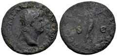 Roman Imperial Nero. Dupondius. 66 d.C. Rome. (Ric-I 522). (Bmcre-353). Anv.: IMP NERO CAESAR AVG P MAX TR P P P, laureate head to right, globe at point of bust. Rev.: VICTORIA AVGVSTI, Victory advanc