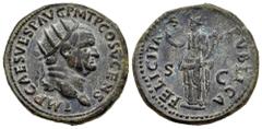 Roman Imperial Vespasian. Dupondius. 74 d.C. Rome. (Ric-II 1.715). (Bmcre-696). Anv.: IMP CAES VESP AVG P M T P COS V CENS, radiate head to right. Rev.: FELICITAS PVBLICA, Felicitas standing to left, 