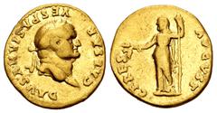 Roman Imperial Vespasian. Aureus. 78-79 d.C. Rome. (Ric-967/973 Titus). Anv.: CAESAR VESPASIANVS AVG. Laureate head to right. Rev.: CERES AVGVST. Ceres standing to left, holding corn ears, poppy, and 