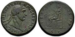 Roman Imperial Trajan. Sestertius. 98-99 d.C. Rome. (Ric-II 401). (Woytek-58a). (Bmcre-718). Anv.: IMP CAES NERVA TRAIAN AVG GERM P M, laureate head to right. Rev.: TR POT COS II P P, Pax seated to le