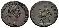 Roman Imperial Trajan. Dupondius. 98-99 d.C. Rome. (Ric-398). (Bmcre-720). Anv.: (IMP CAE)S NERVA TRAIAN AVG GERM P M, radiate head to right. Rev.: TR POT COS II, Abundantia seated to left on chair of