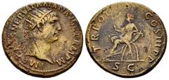Roman Imperial Trajan. Dupondius. 100 d.C. Rome. (Ric-II 411). (Woytek-67a). (Bmcre-736). Anv.: IMP CAES NERVA TRAIAN AVG GERM P M, radiate head to right. Rev.: TR POT COS III P P, Abundantia seated t