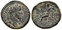 Roman Imperial Antoninus Pius. Sestertius. 156-157 d.C. Rome. (Ric-967). (Spink-4222). Anv.: ANTONINVS AVG PIVS P P IMP II, laureate head to right. Rev.: TR POT XX COS IIII, Securitas seated to left, 